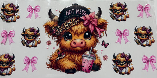 Uv dtf 16oz cup wraps   "hot mess Highland cow"