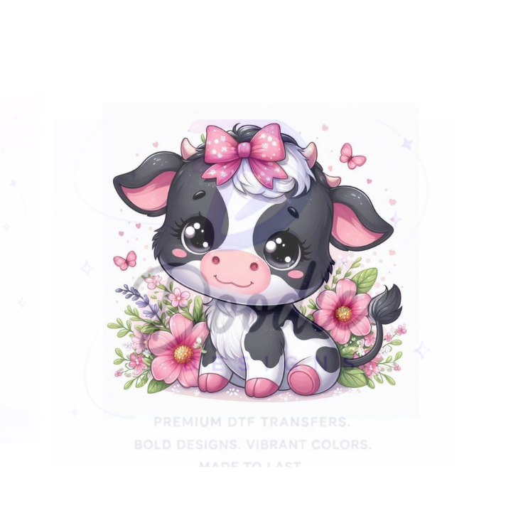 dtf child size t-shirt transfers "Cute Cow/Pink bow"