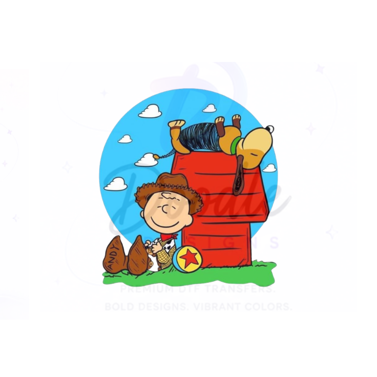 dtf child size t-shirt transfers " Charlie brown/Toy story mash up"