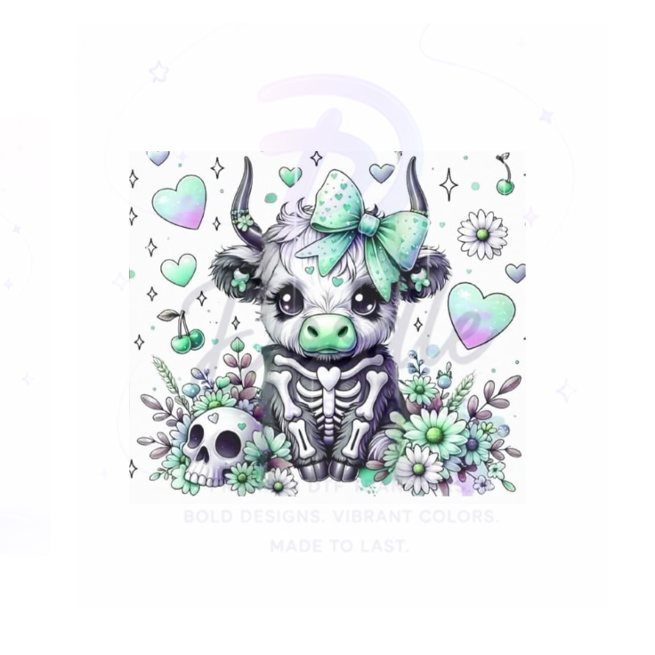 dtf child size t-shirt transfers " Halloween Cow as  Skeleton"